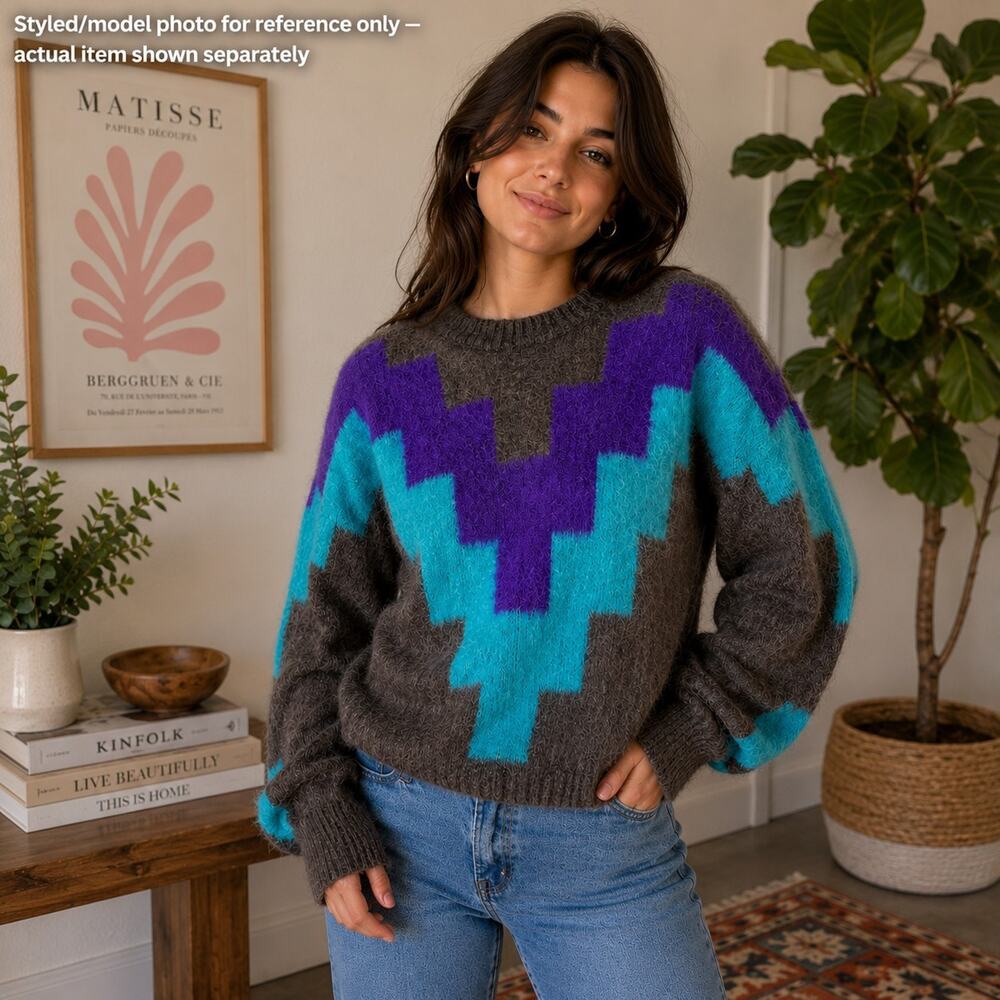 Bolivia Alpaca Wool Knit Pullover Sweater Gray Purple Blue Geometric M